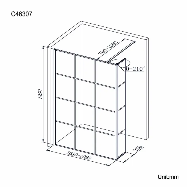 Munich Matt Black Grid 8mm Wet Room Shower Glass 1100mm & 250mm Pivotal Return Panel