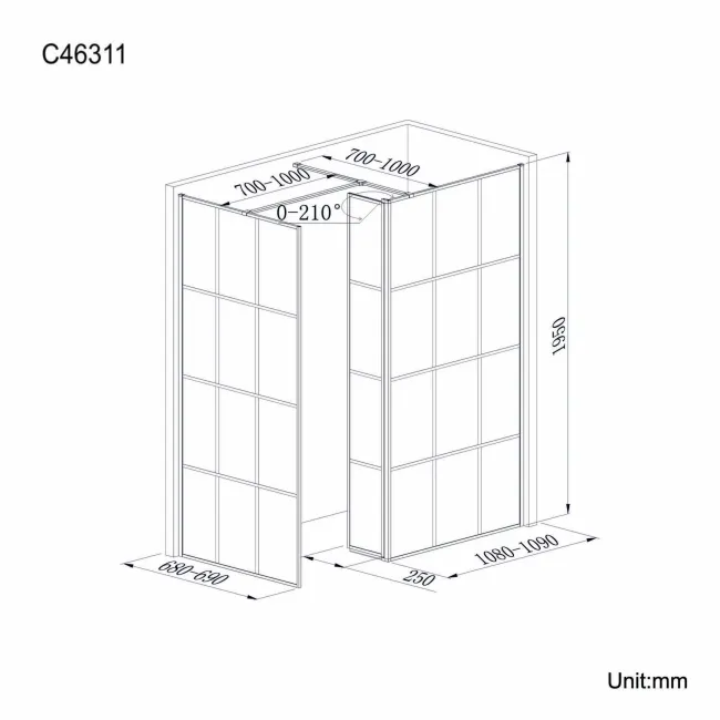 Munich Matt Black Grid 8mm Walk In Shower Enclosure 1100mm & 700mm Glass with Pivotal Return Panel