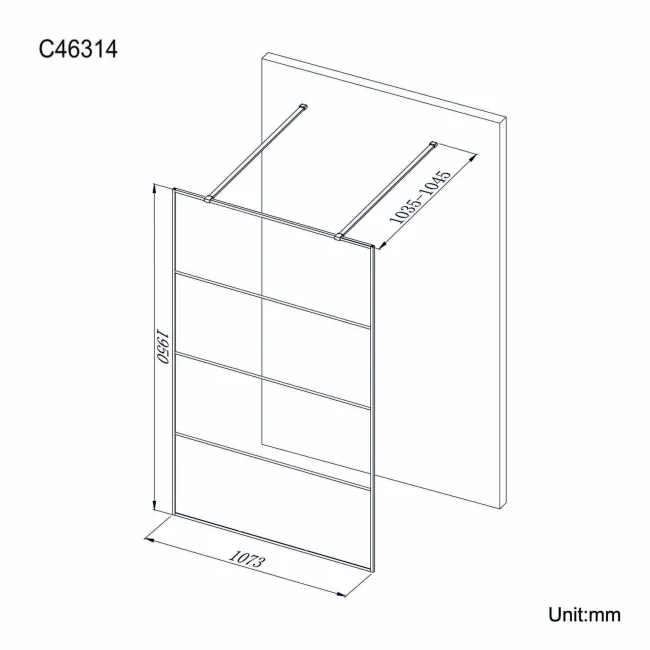 Munich Matt Black Grid 8mm Walk Through Wet Room Shower Glass Panel 1100mm