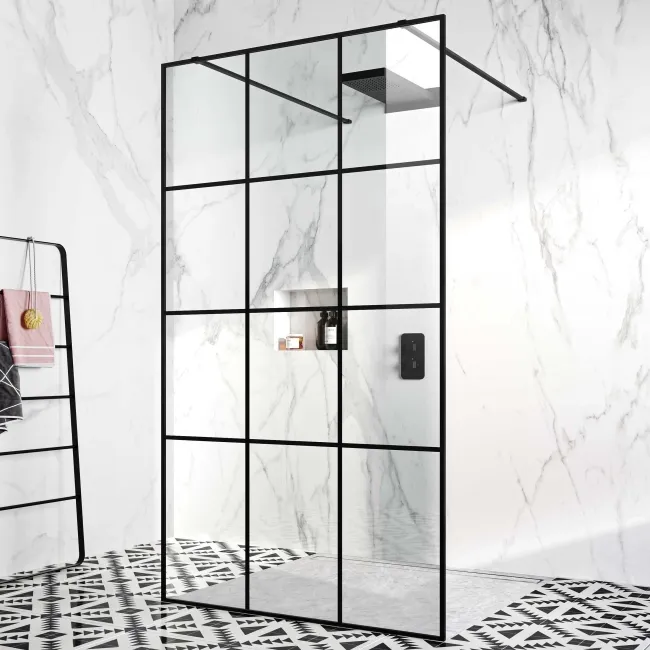 Munich Matt Black Grid 8mm Walk Through Wet Room Shower Glass Panel 1100mm