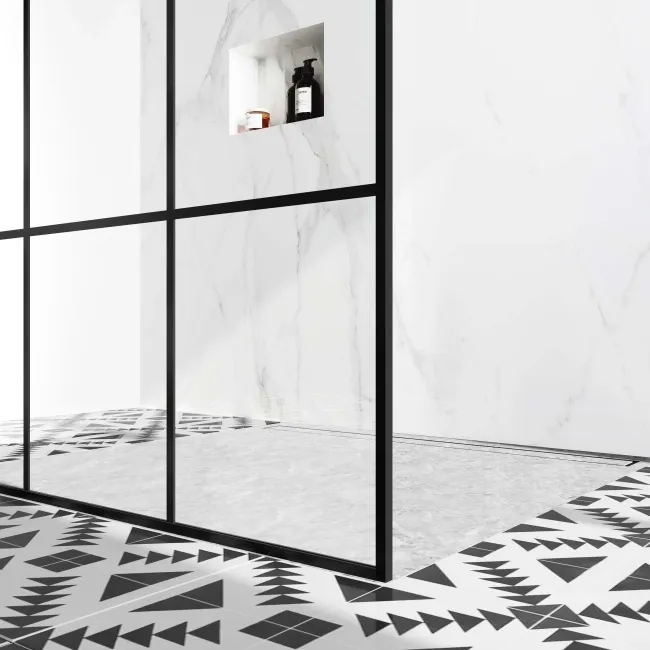 Munich Matt Black Grid 8mm Walk Through Wet Room Shower Glass Panel 1100mm