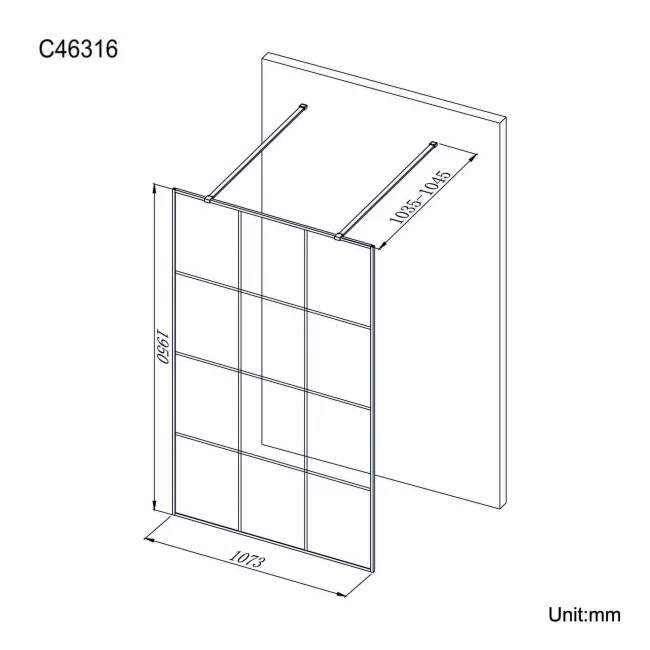 Munich Matt Black Grid 8mm Walk Through Wet Room Shower Glass Panel 1100mm