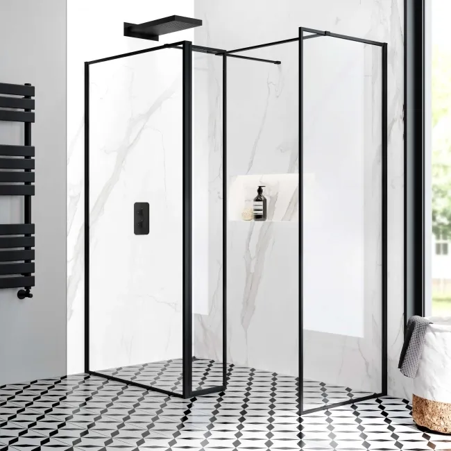 Munich Matt Black Framed 8mm Walk In Shower Enclosure 1100mm & 700mm Glass with Pivotal Return Panel