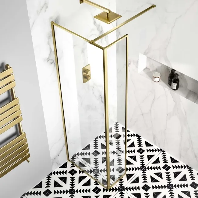 Munich Brushed Brass Framed 8mm Wet Room Shower Glass 700mm & 250mm Return Panel