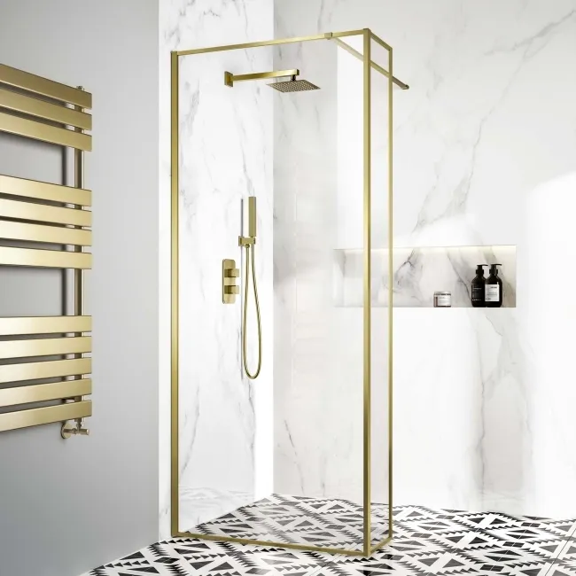 Munich Brushed Brass Framed 8mm Wet Room Shower Glass 900mm & 250mm Return Panel