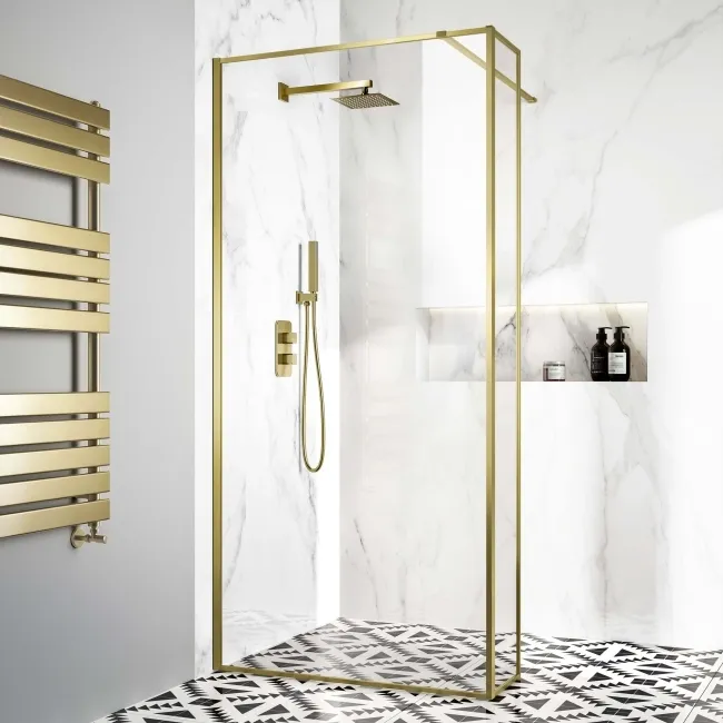 Munich Brushed Brass Framed 8mm Wet Room Shower Glass 1000mm & 250mm Return Panel