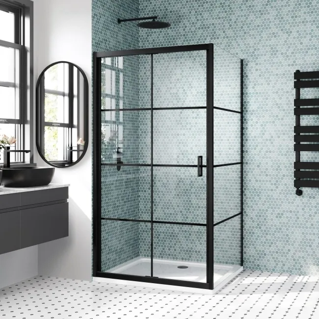 London Matt Black Grid 6mm Bifold Shower Enclosure 1000x700mm