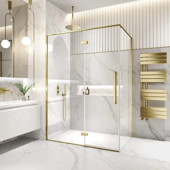 Helsinki Brushed Brass Premium Easy Clean 8mm Hinged Shower Enclosure 1400x800mm