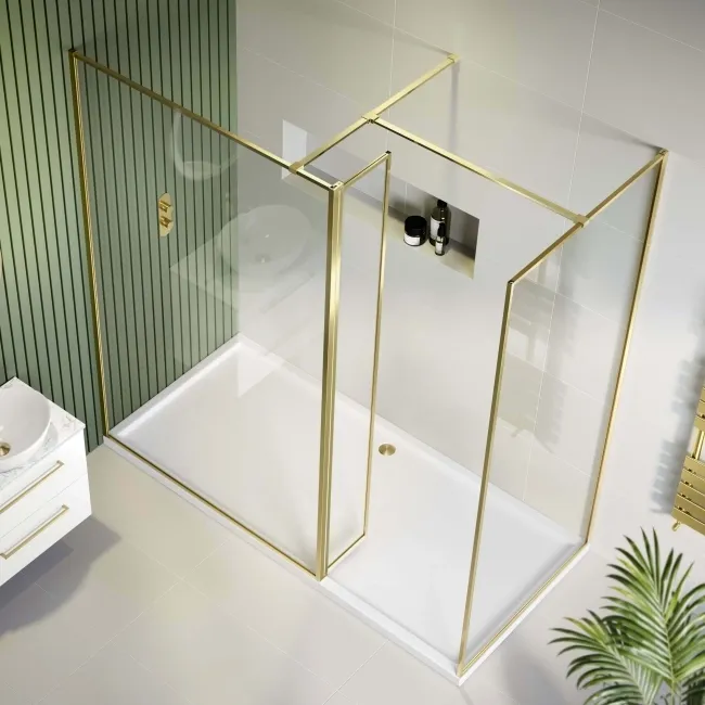 Munich Brushed Brass Framed 8mm Walk In Shower Enclosure 1200mm & 900mm Glass with Return Panel