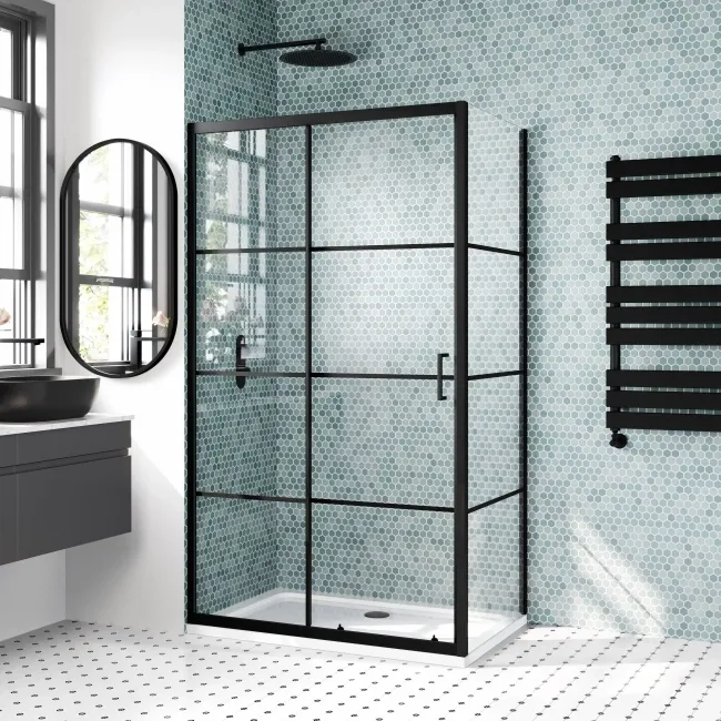 London Matt Black Grid 6mm Sliding Shower Enclosure 1100x760mm