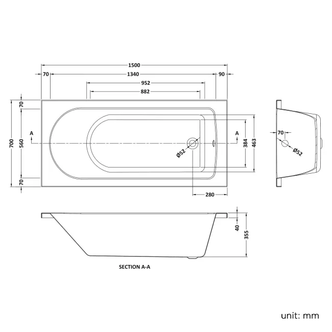 Stafford 1500x700 Round Single Ended Bath