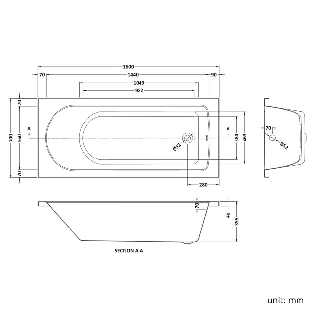 Stafford 1600x700 Round Single Ended Bath