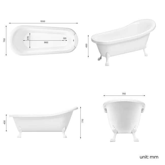 Highbury 1550mm Roll Top Slipper Bath - White Claw Feet