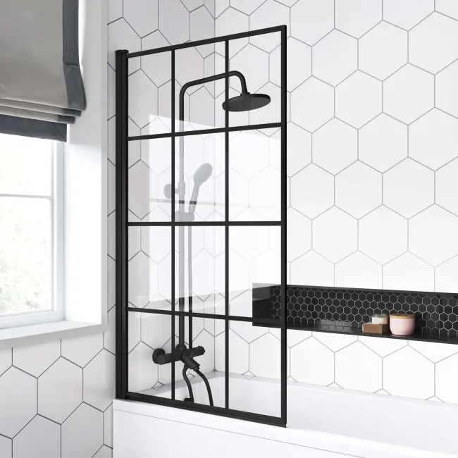 Stafford Round Shower Bath 1700x700 & 6mm Easy Clean Matt Black Grid Bath Screen