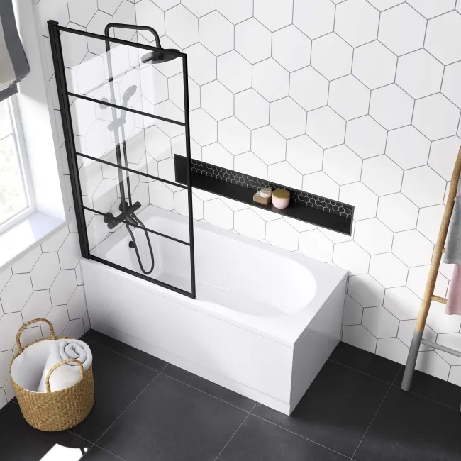 Stafford 1400x700 Round Shower Bath & 6mm Easy Clean Matt Black Grid Bath Screen