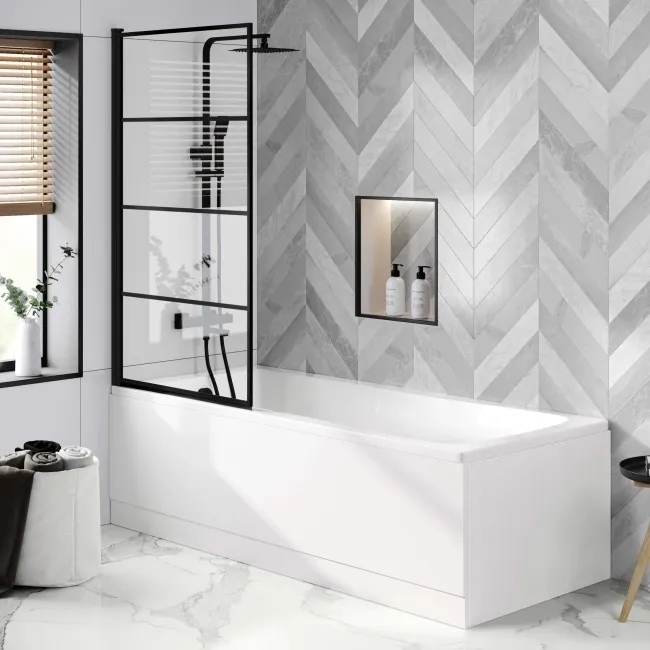 Hereford 1800x800 Square Shower Bath & 6mm Easy Clean Matt Black Grid Bath Screen