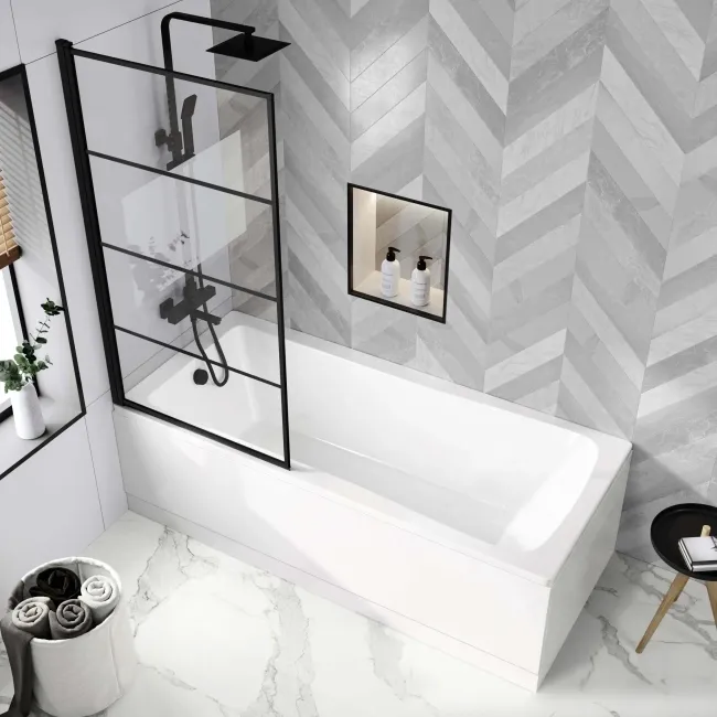 Hereford 1800x800 Square Shower Bath & 6mm Easy Clean Matt Black Grid Bath Screen