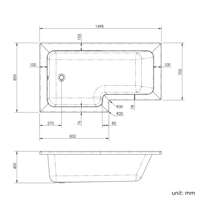 L Shaped 1500 Shower Bath & 4mm Fixed Screen with Rail - Left Handed