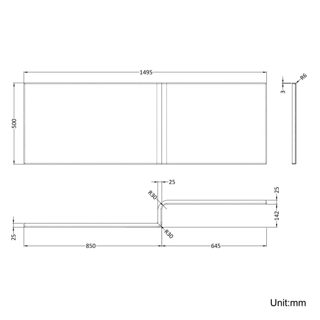 L Shaped 1500 Shower Bath with Front Panel & 6mm Easy Clean Screen with Rail - Right Handed