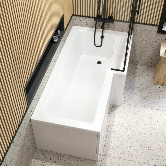 L Shaped 1700 Shower Bath with Front Panel & 6mm Easy Clean Screen with Rail - Right Handed