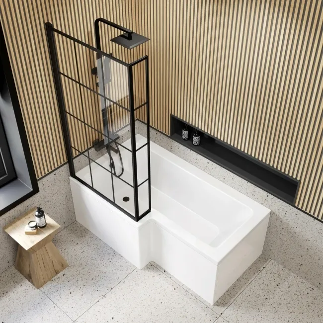 L Shaped 1600 Shower Bath with Front Panel & 6mm Easy Clean Matt Black Grid Bath Screen - Left Handed