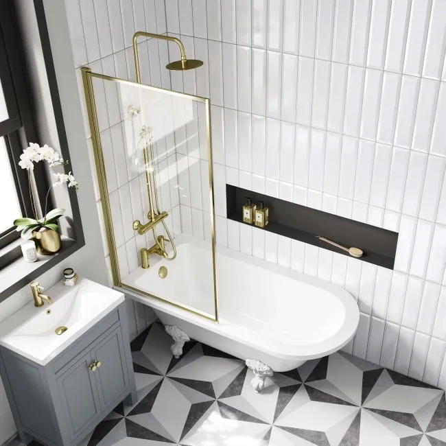 Abingdon 1500 Roll Top Shower Bath - White Ball Feet & 6mm Easy Clean Brushed Brass Framed Screen