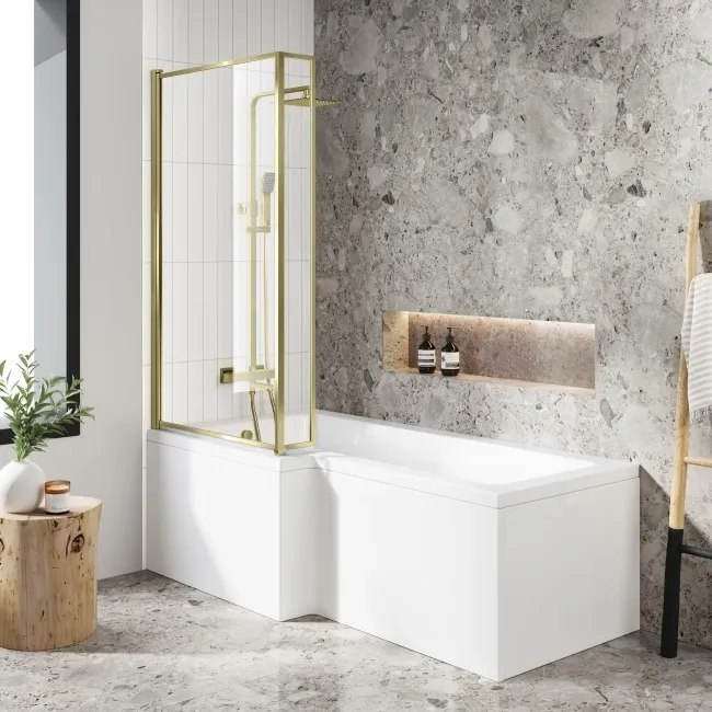 L Shaped 1700 Shower Bath with Front Panel & 6mm Easy Clean Brushed Brass Bath Screen - Left Handed