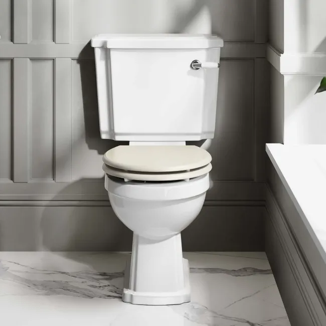 Hudson Traditional Toilet With Chalk White Seat & Pedestal Basin Set - Double Tap Hole