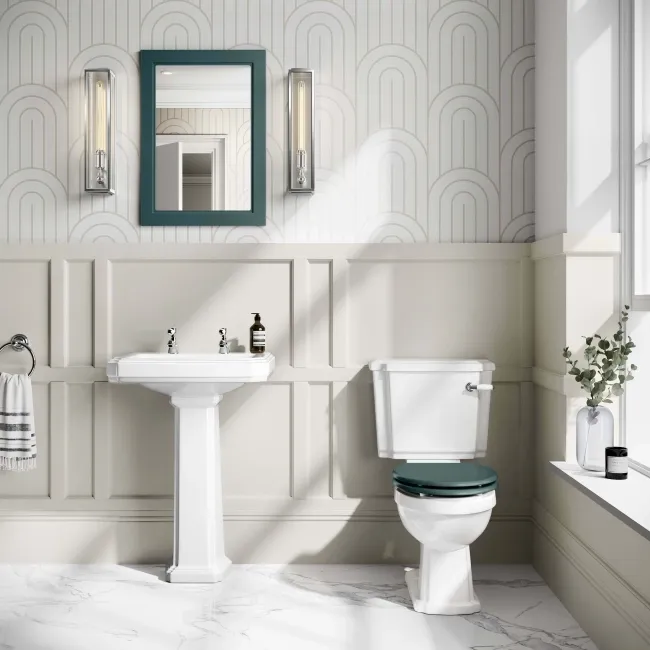 Hudson Traditional Toilet With Midnight Green Seat & Pedestal Basin Set - Double Tap Hole