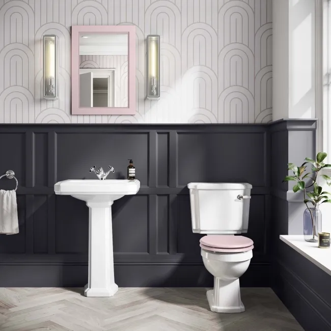 Hudson Traditional Close Coupled Toilet With Cashmere Pink Seat & Pedestal Basin - Single Tap Hole