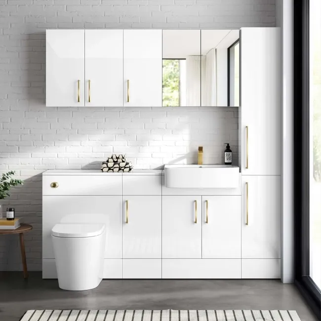 Harper Gloss White Wall Hung Cabinet 600x300mm - Brushed Brass Accents