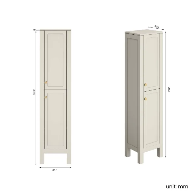 Bermuda Chalk White Floor Standing Tall Cabinet 1500x350mm - Brushed Brass Accents