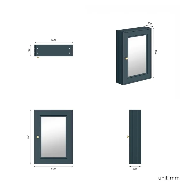 Inky Blue Mirror Cabinet 700x500mm - Brushed Brass Accents