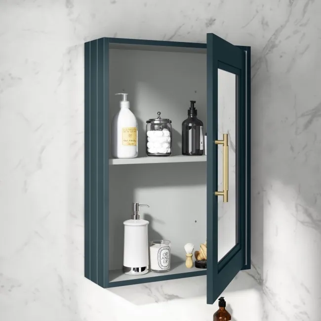 Inky Blue Mirror Cabinet 700x500mm - Brass Knurled Handles