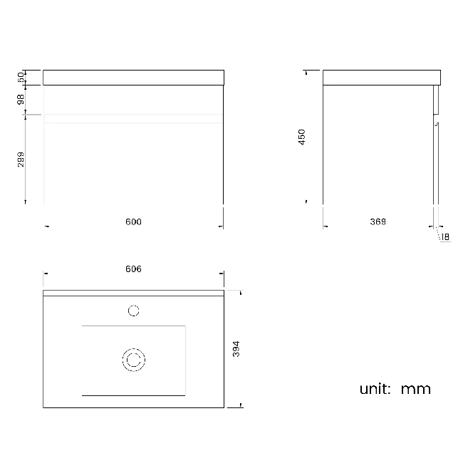 Trent Stone Grey Wall Hung Basin Drawer Vanity 600mm