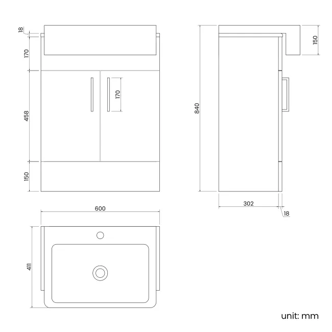 Harper Gloss White Vanity with Semi Recessed Basin 600mm