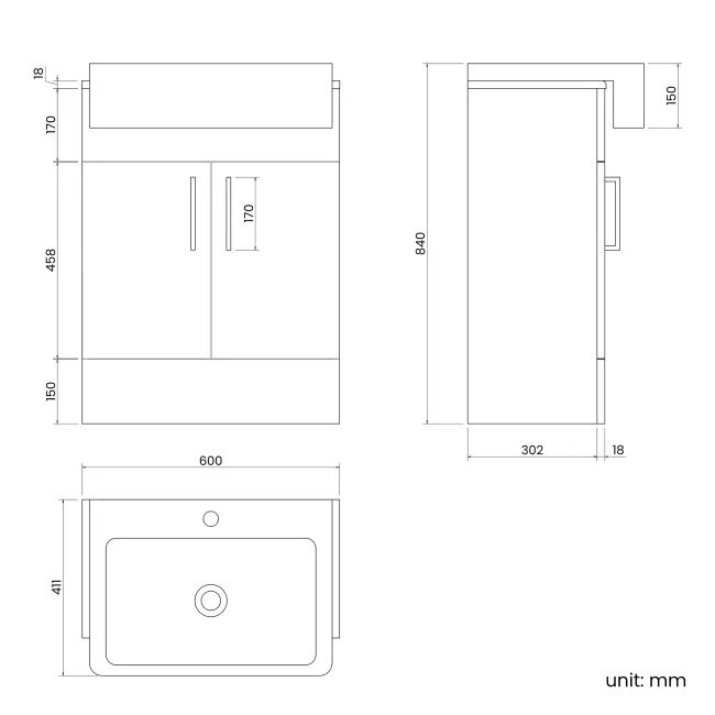 Harper Stone Grey Vanity with Semi Recessed Basin 600mm