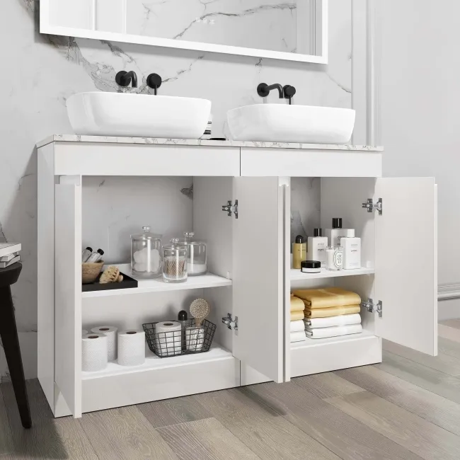 Trent Gloss White Double Vanity with Marble Top & Curved Counter Top Basin 1200mm
