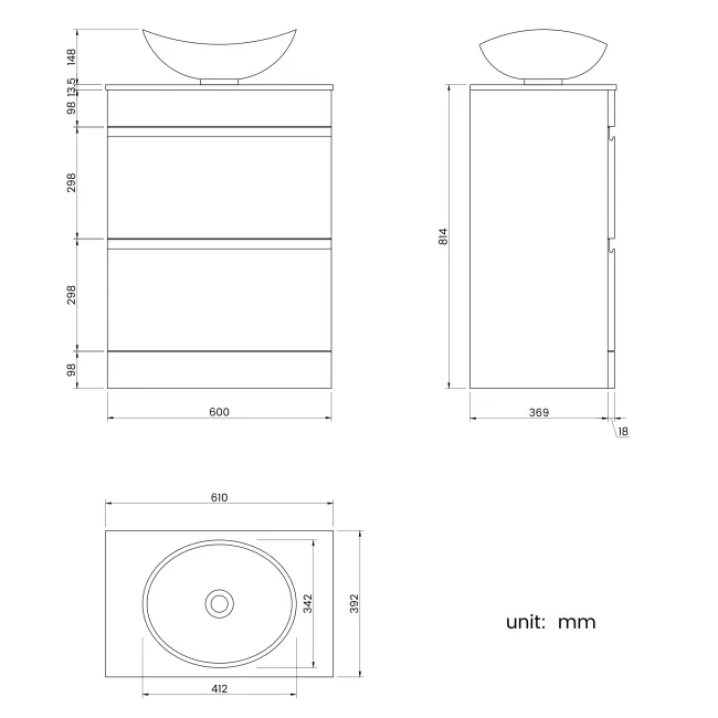 Trent Stone Grey Vanity Drawer with Marble Top & Oval Counter Top Basin 600mm