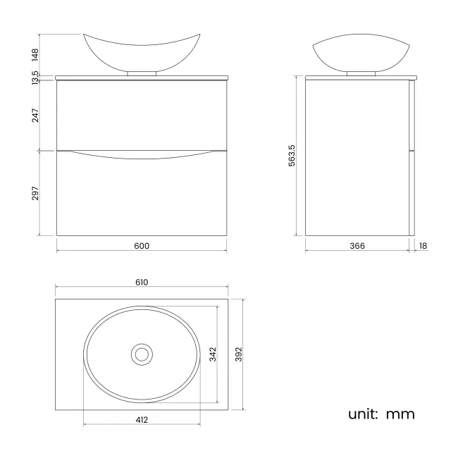 Austin Gloss White Wall Hung Drawer Vanity with Marble Top & Oval Counter Top Basin 600mm