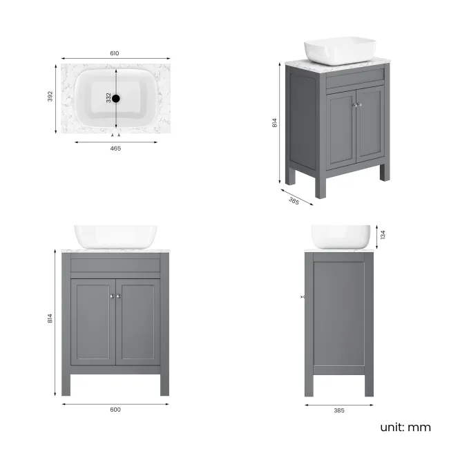 Bermuda Dove Grey Vanity with Marble Top & Curved Counter Top Basin 600mm