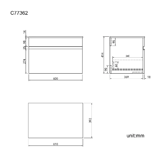Trent Stone Grey Wall Hung Drawer with Marble Top 600mm - Excludes Counter Top Basin