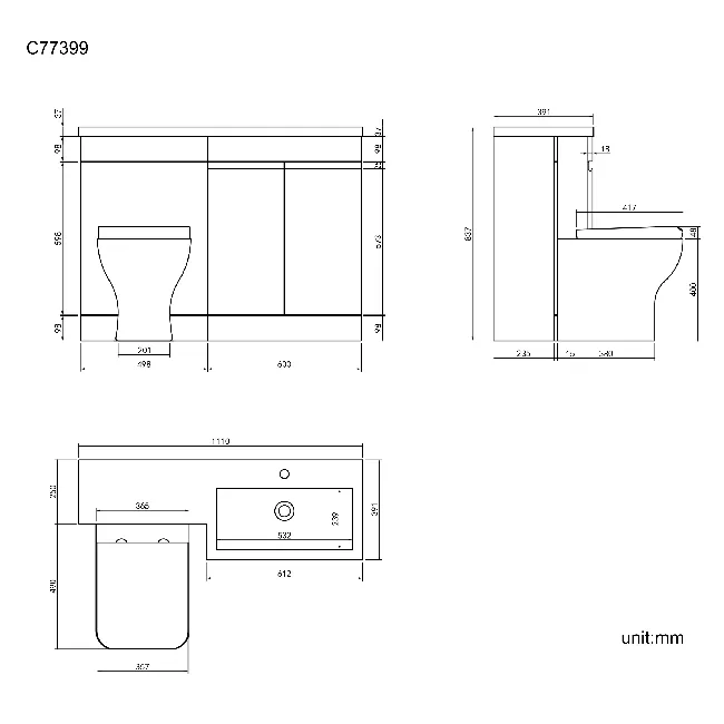 Trent Stone Grey Combination Vanity Basin and Atlanta Toilet 1100mm - Right Handed
