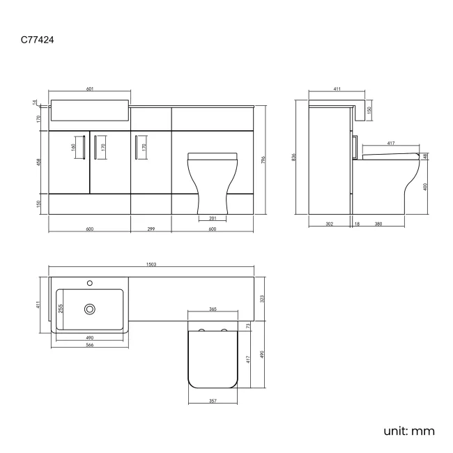 Harper Gloss White Combination Vanity Basin with Marble Top & Atlanta Toilet 1500mm