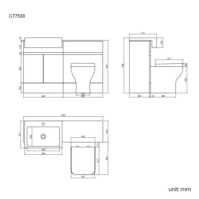 Foster Stone Grey Combination Vanity Basin with Marble Top & Atlanta Toilet 1200mm