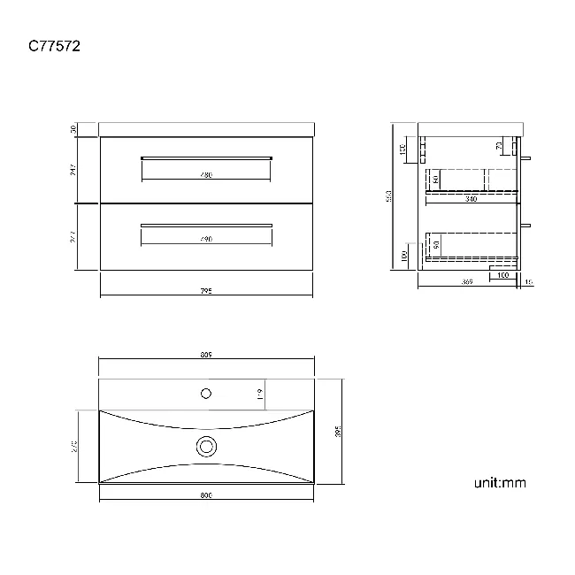 Elba Charcoal Elm Wall Hung Basin Drawer Vanity 800mm - Black Accents