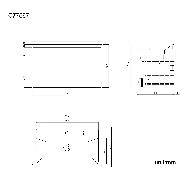 Corsica Storm Grey Wall Hung Basin Drawer Vanity 800mm