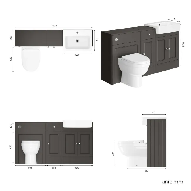 Monaco Graphite Grey Combination Vanity Basin and Seattle Toilet 1500mm