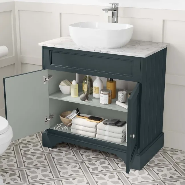 Lucia Inky Blue Vanity with Marble Top & Curved Counter Top Basin 840mm