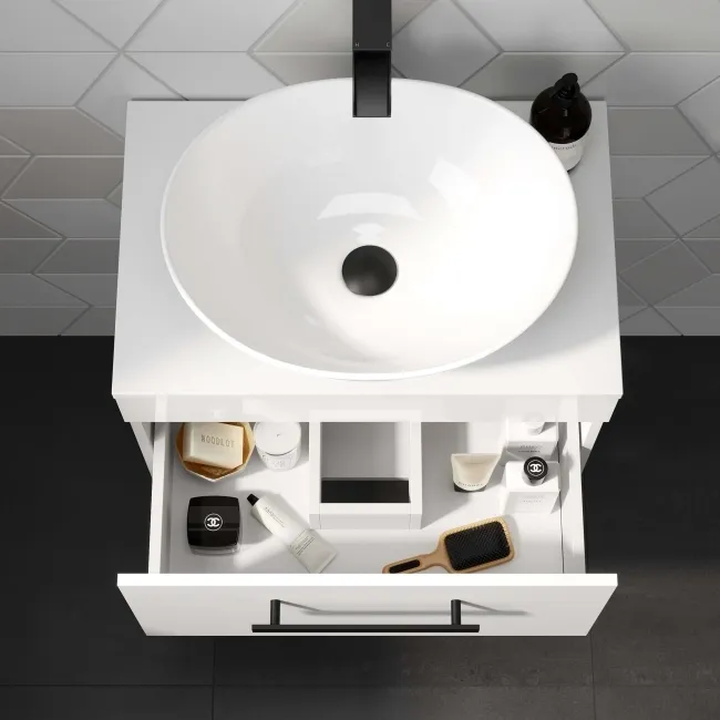 Avon Gloss White Wall Hung Drawer Vanity with Oval Counter Top Basin 600mm - Black Accents